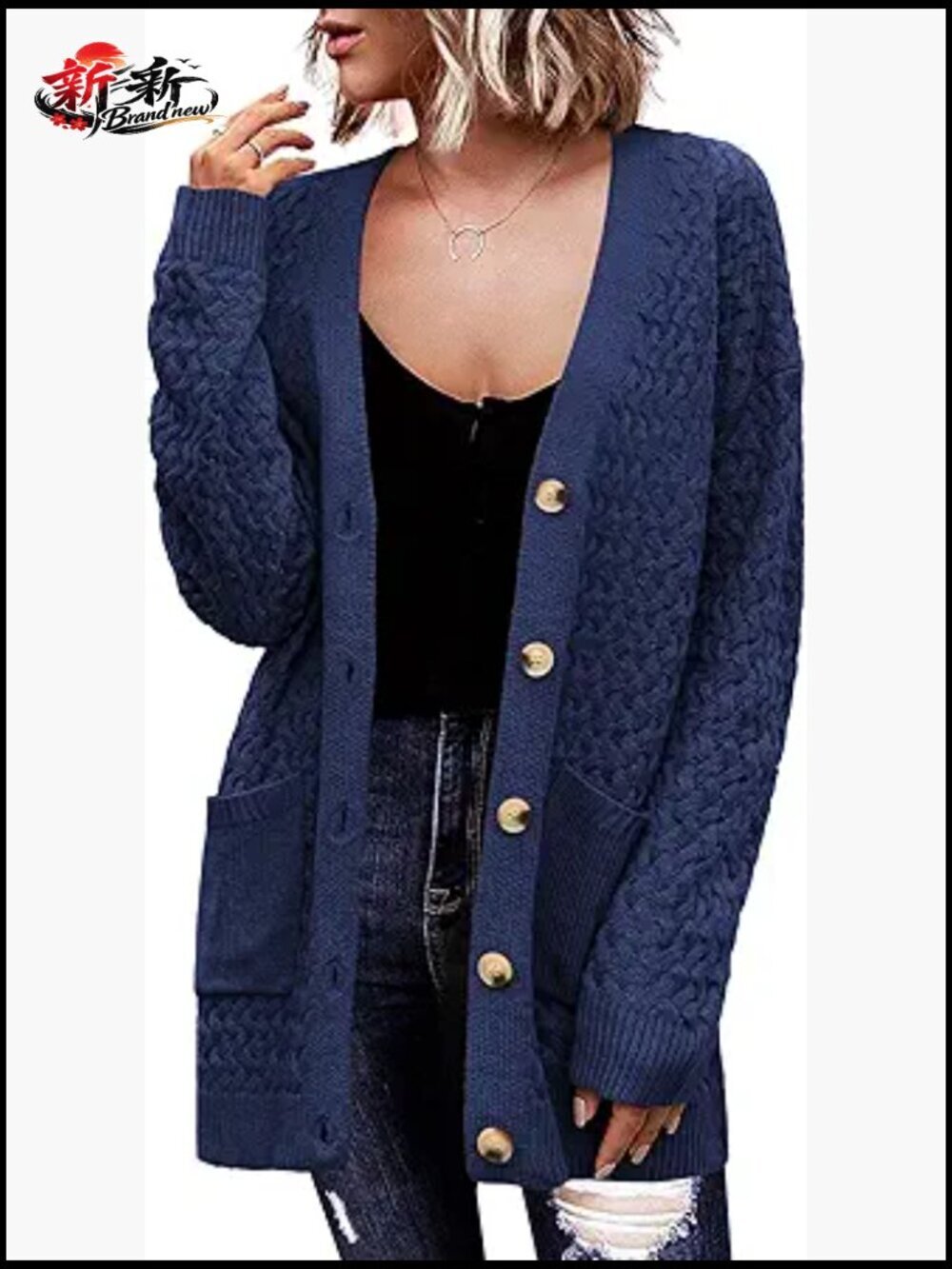 Long Sleeve Chunky Cable Knit Cardigan with Pockets Open Front
